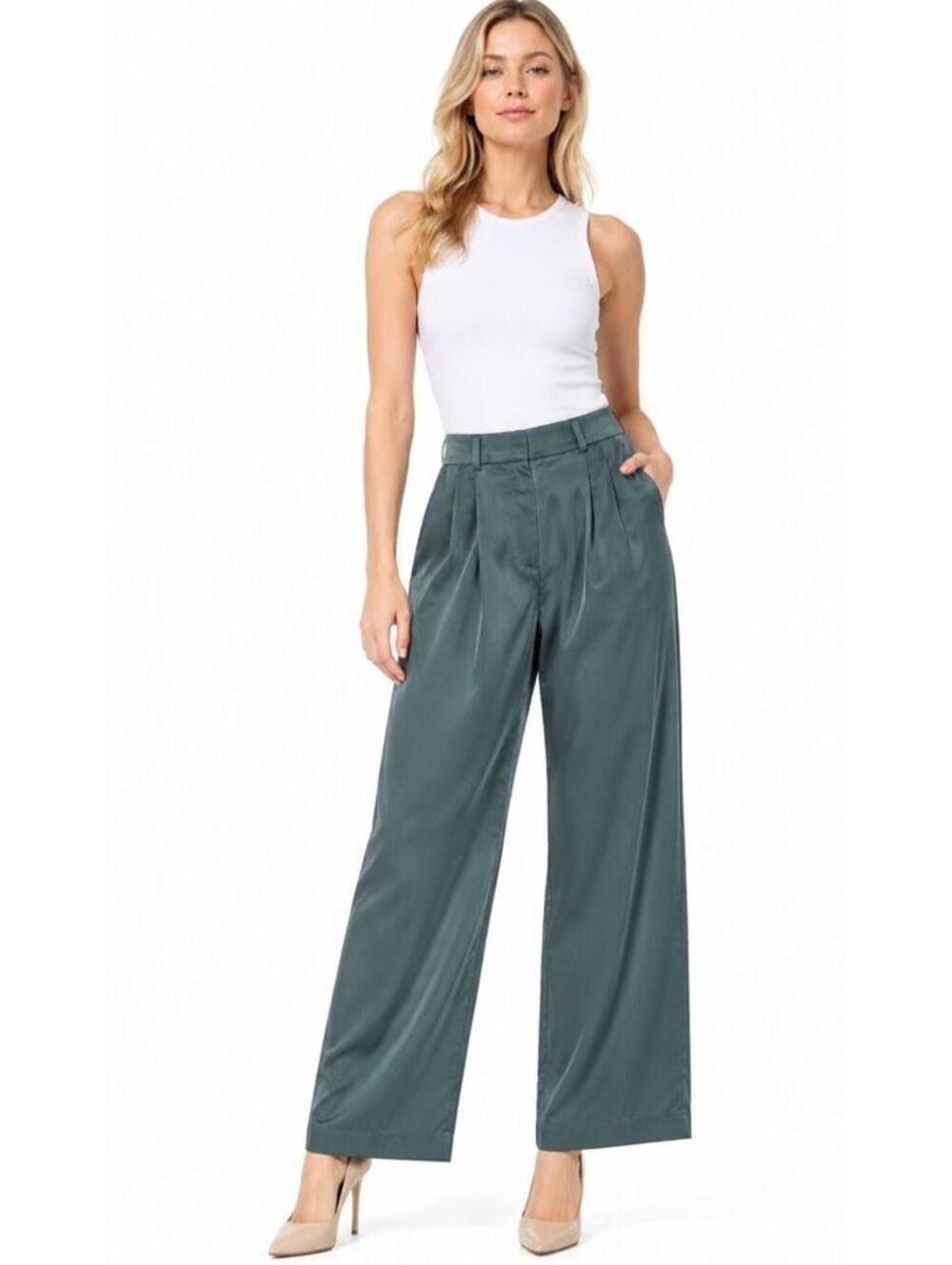 Ella Rafaella Silk Like Wide Leg Dress Pants Pleated Green Size 6 Wedding Guest